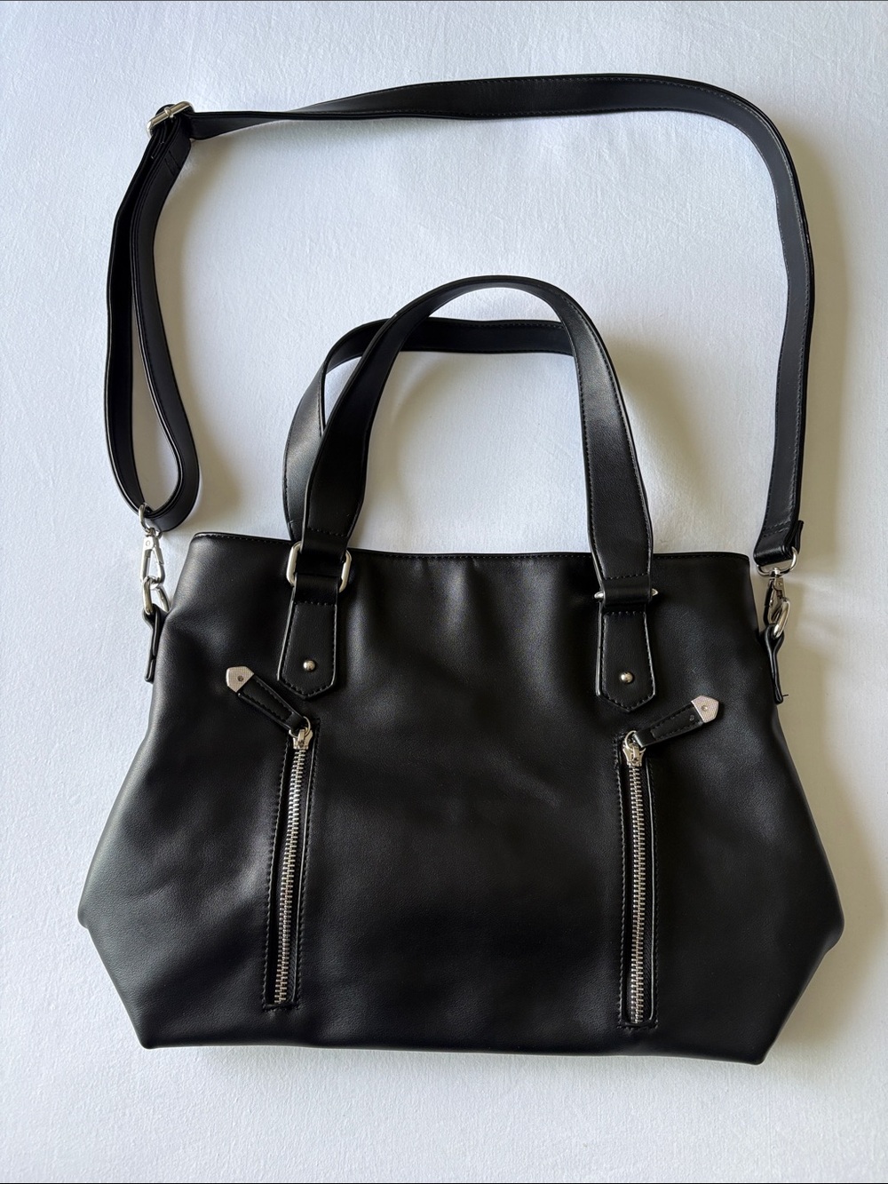 Classic Black Women's Leather Tote Bag with Removable Strap